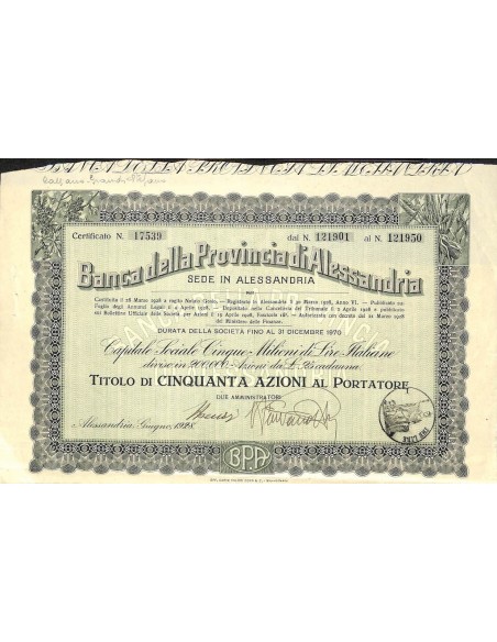 BANCA DELLA PROVINCIA DI ALESSANDRIA - 50 AZIONI 1928
