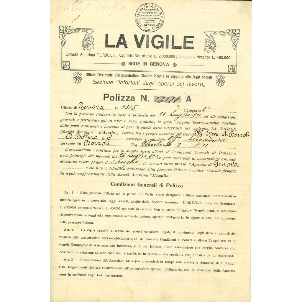 1921 - LA VIGILE - INFORTUNI - GENOVA