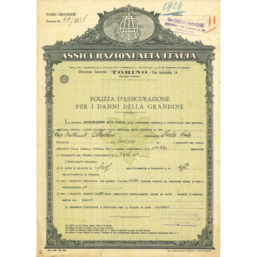 1929 - ASSICURAZIONI ALTA ITALIA - GRANDINE -...