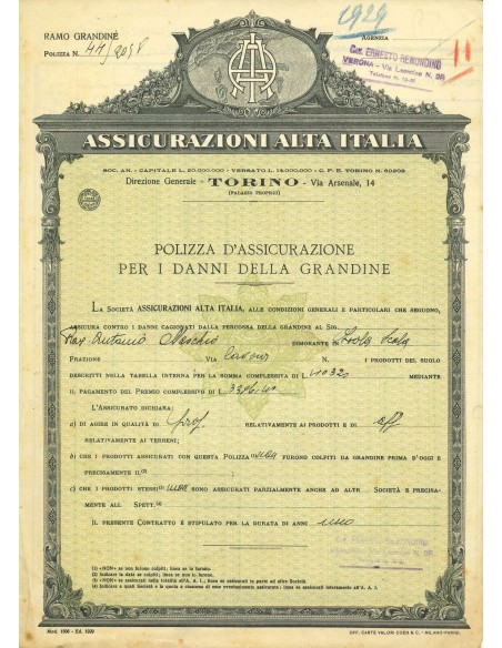 1929 - ASSICURAZIONI ALTA ITALIA - GRANDINE - VERONA