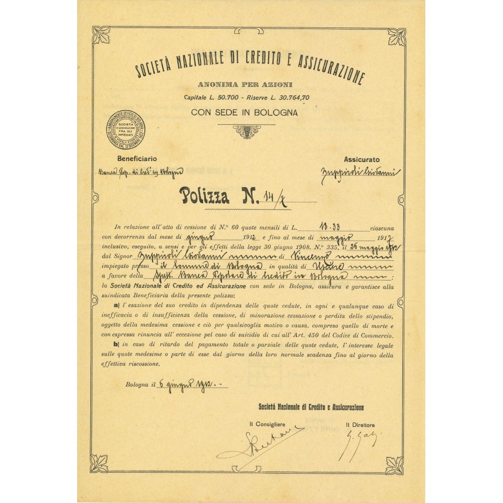 1912 - NAZIONALE DI CREDITO E ASSICURAZIONE...