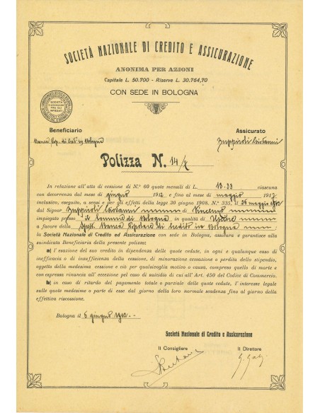 1912 - NAZIONALE DI CREDITO E ASSICURAZIONE SOC. - RAMO CREDITO - BOLOGNA