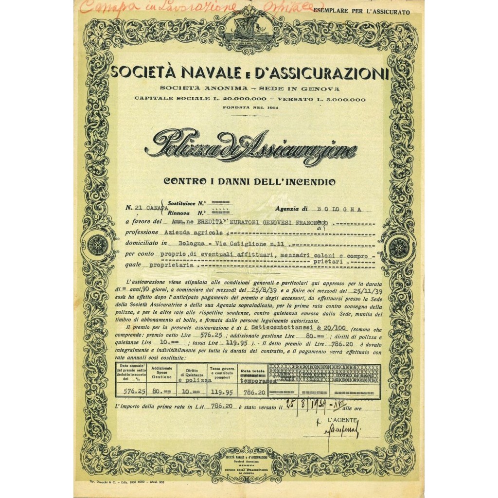 1939 - NAVALE D'ASSICURAZIONI SOC. - INCENDIO -...