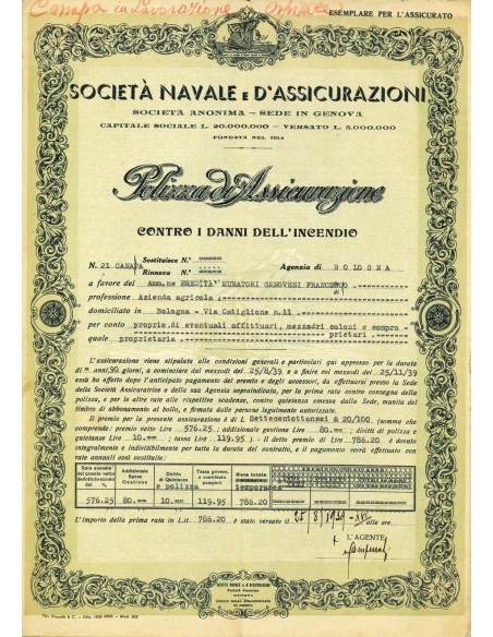 1939 - NAVALE D'ASSICURAZIONI SOC. - INCENDIO - BOLOGNA
