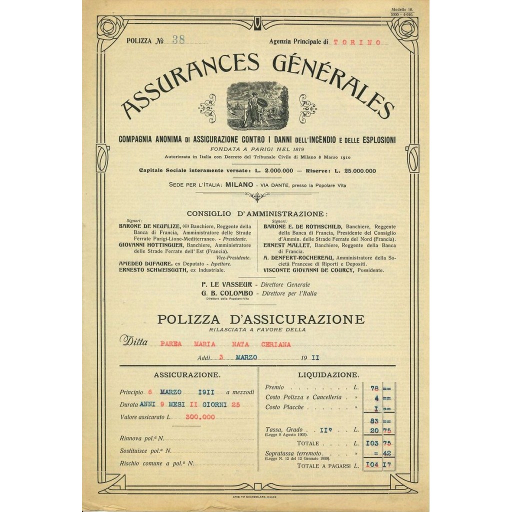 1911 - ASSURANCES GENERALES - INCENDIO - MILANO