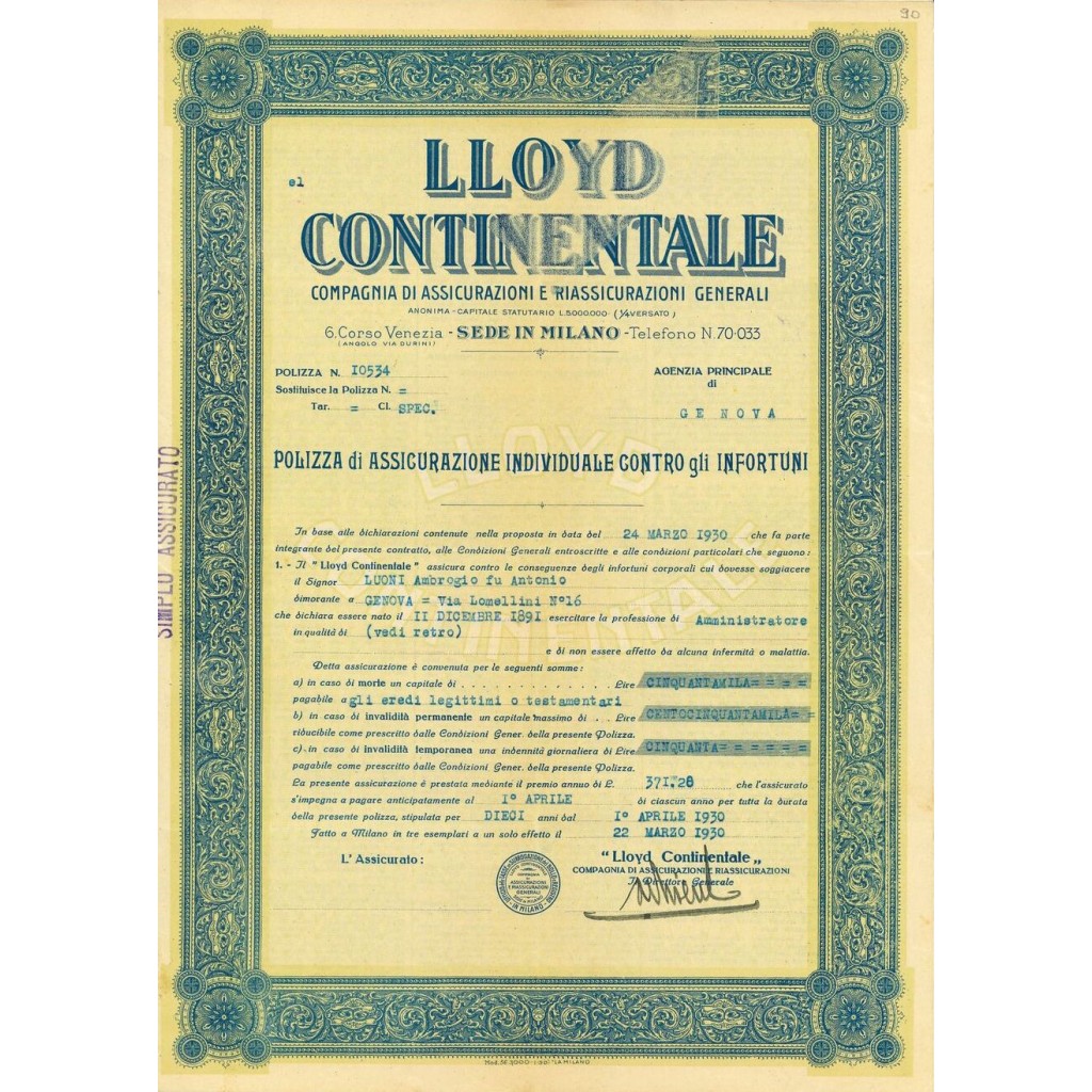 1930 - LLOYD CONTINENTALE - INFORTUNI - GENOVA