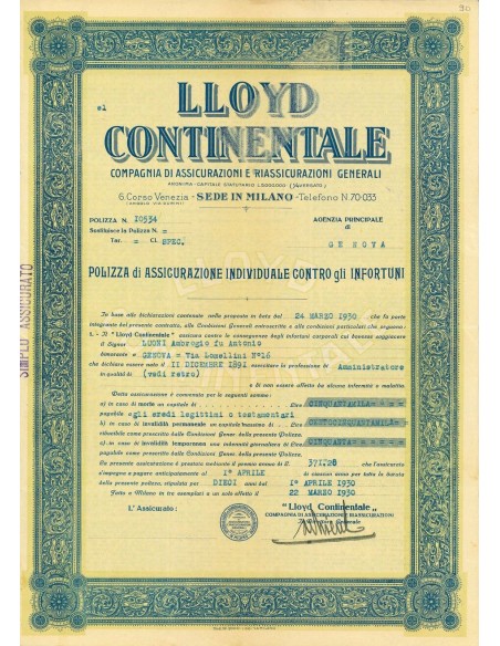 1930 - LLOYD CONTINENTALE - INFORTUNI - GENOVA