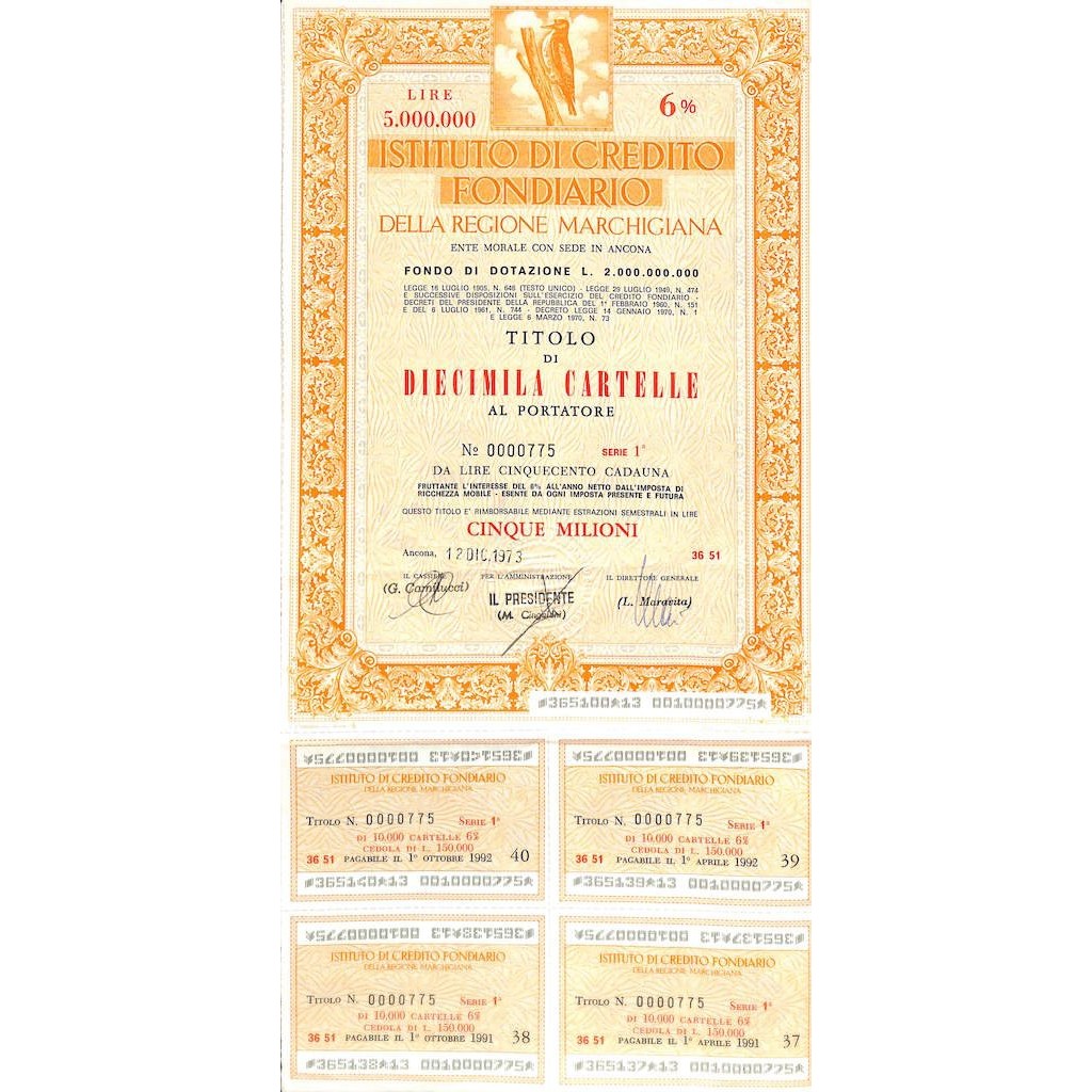 ISTIT. DI CREDITO FOND. DELLA REG. MARCHIGIANA 10000 CARTELLE. 6% 1973