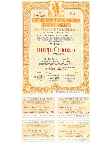 ISTIT. DI CREDITO FOND. DELLA REG. MARCHIGIANA 10000 CARTELLE. 6% 1973