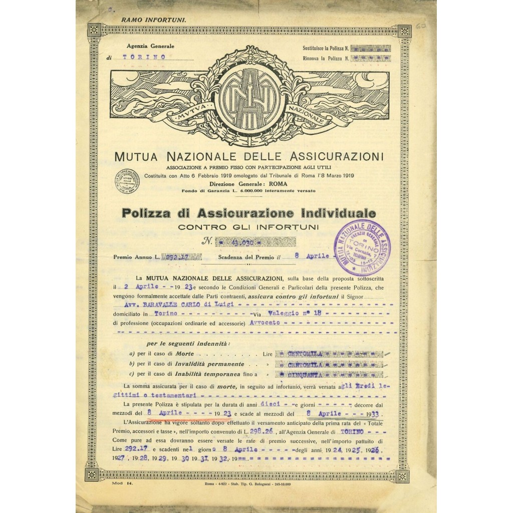 1923 - MUTUA NAZIONALE DELLE ASSICURAZIONI -...