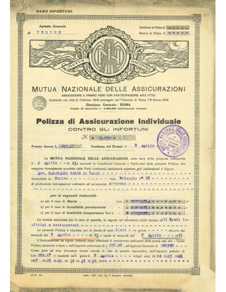 1923 - MUTUA NAZIONALE DELLE ASSICURAZIONI - INFORTUNI - TORINO