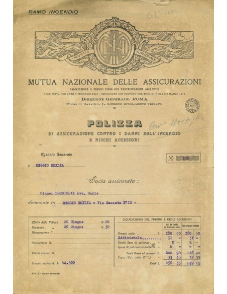 1920 - MUTUA NAZIONALE DELLE ASSICURAZIONI - INCENDIO - REGGIO EMILIA