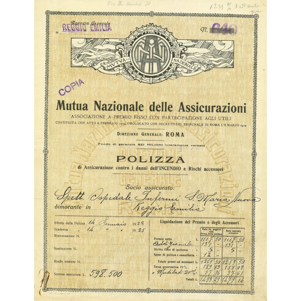 1922 - MUTUA NAZIONALE DELLE ASSICURAZIONI -...