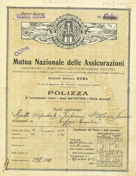 1922 - MUTUA NAZIONALE DELLE ASSICURAZIONI - INCENDIO - REGGIO EMILIA