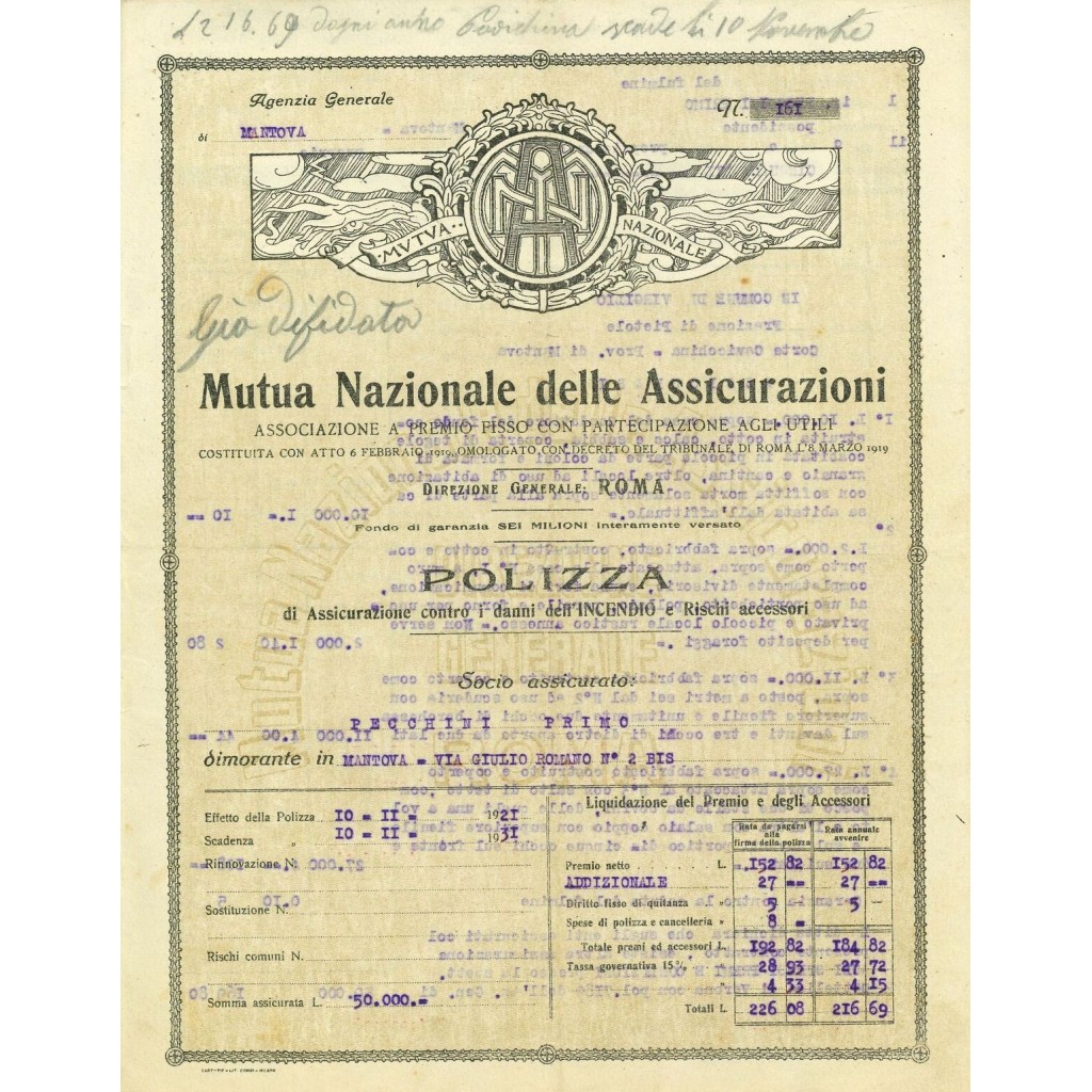 1921 - MUTUA NAZIONALE DELLE ASSICURAZIONI -...