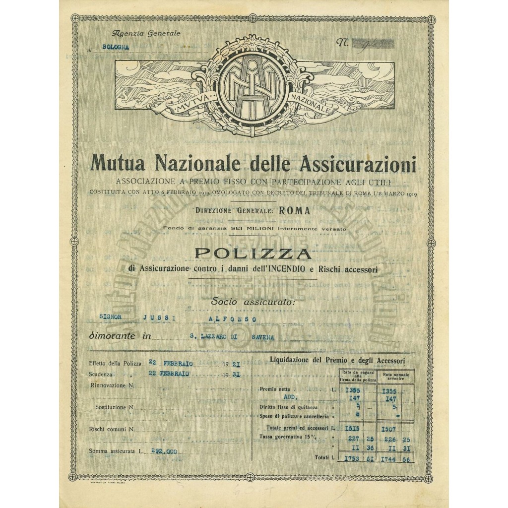 1921 - MUTUA NAZIONALE DELLE ASSICURAZIONI -...