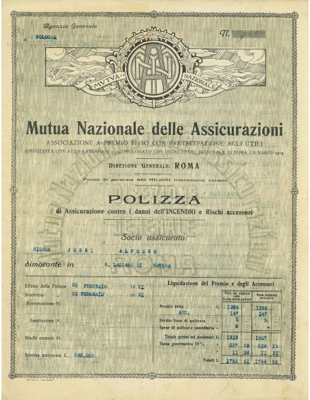 1921 - MUTUA NAZIONALE DELLE ASSICURAZIONI - INCENDIO - BOLOGNA
