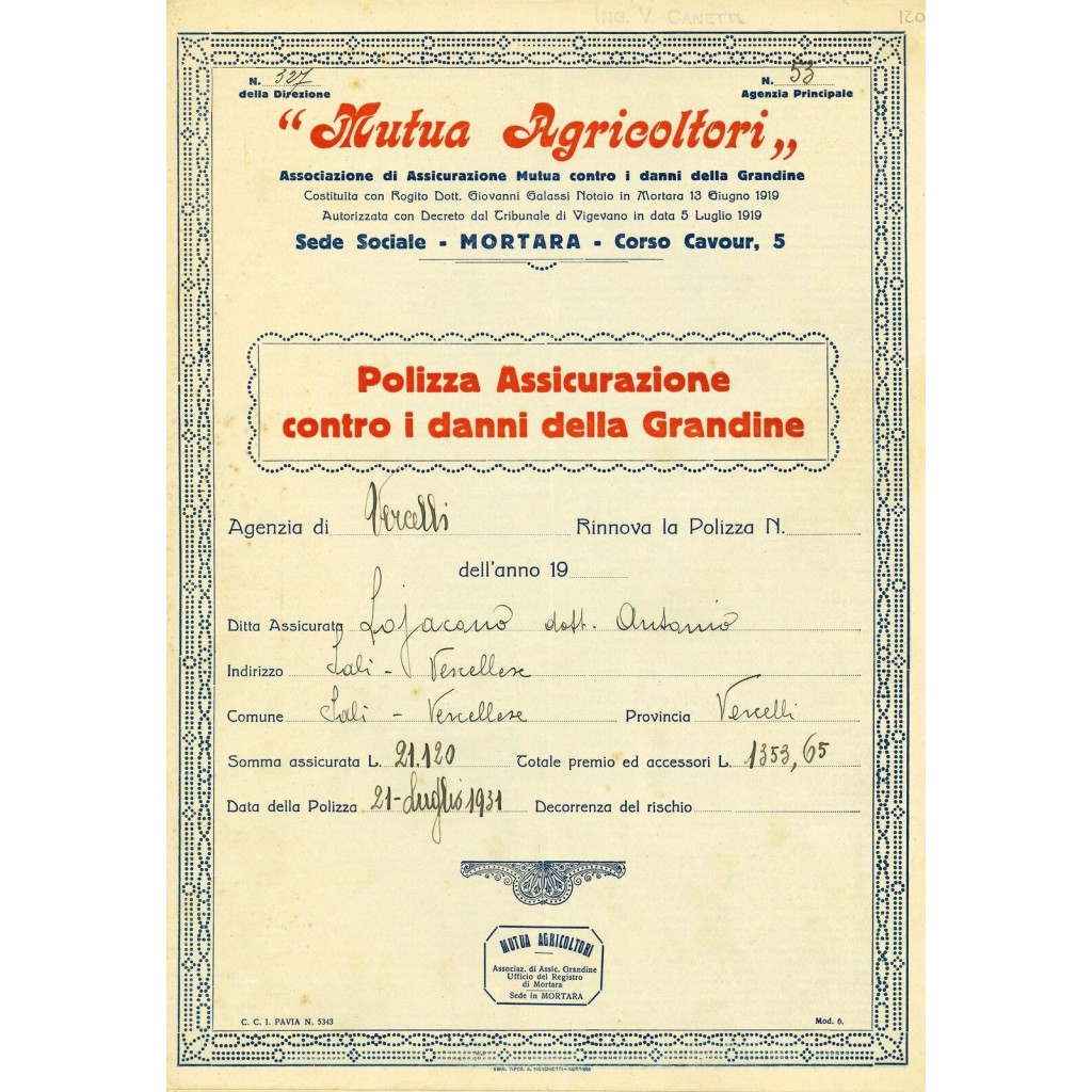 1931 - MUTUA AGRICOLTORI - GRANDINE - VERCELLI