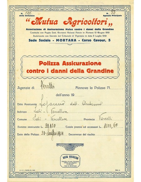 1931 - MUTUA AGRICOLTORI - GRANDINE - VERCELLI