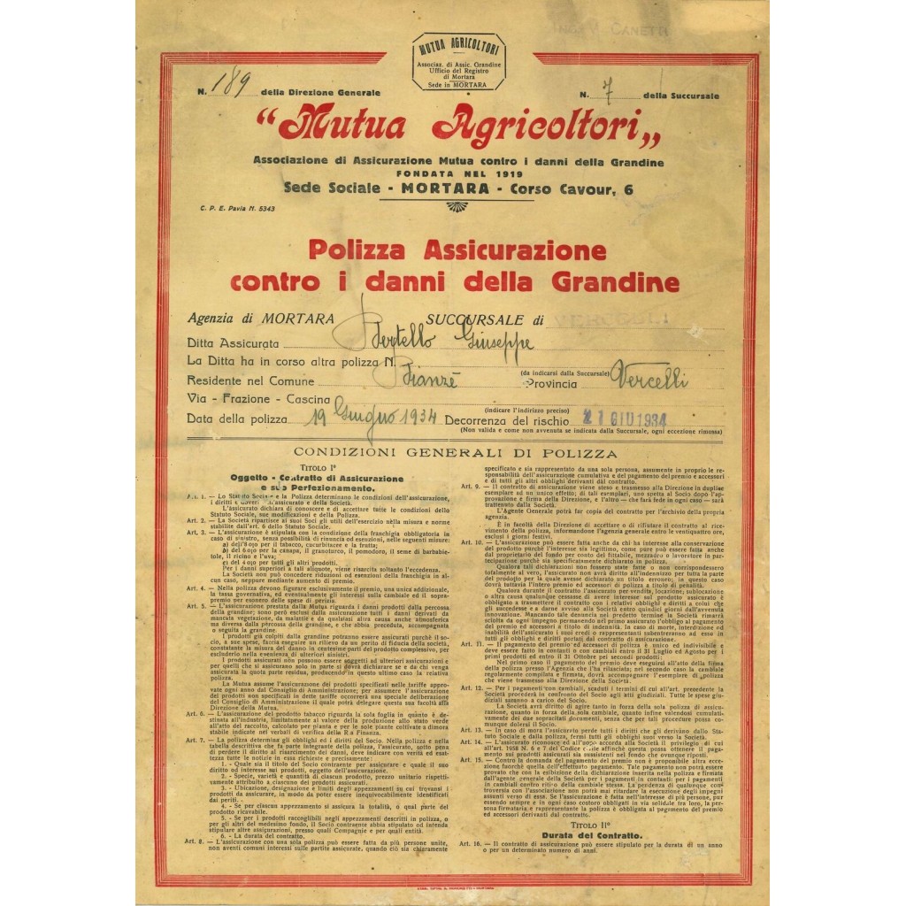 1934 - MUTUA AGRICOLTORI - GRANDINE - VERCELLI