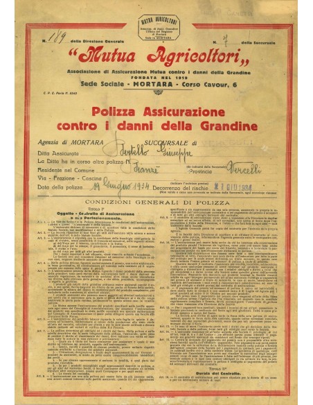 1934 - MUTUA AGRICOLTORI - GRANDINE - VERCELLI