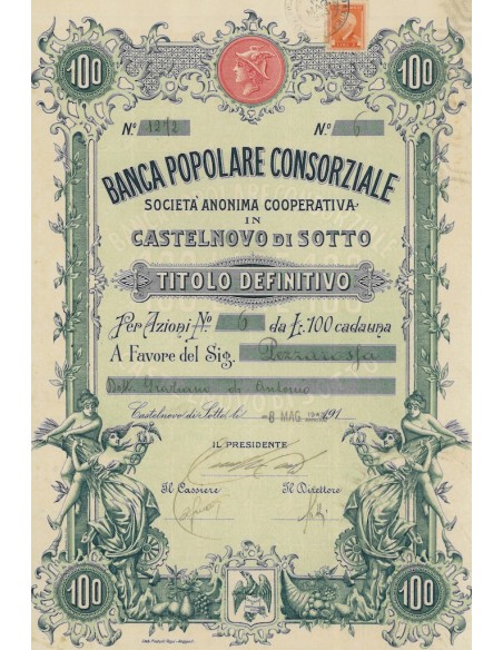 BANCA POPOLARE CONSORZIALE SOC.ANON. COOP. IN CASTELNOVO DI SOTTO AZIONI 1943