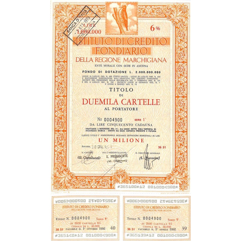 ISTIT. DI CREDITO FOND. DELLA REG. MARCHIGIANA 2000 CARTELLE. 6% 1973