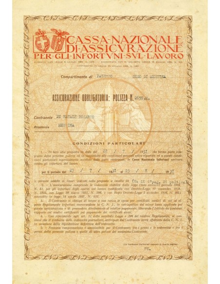 1931 - CASSA NAZIONALE DI ASSICURAZIONE PER GLI INFORTUNI SUL LAVORO - INFORTUNI - MESSINA