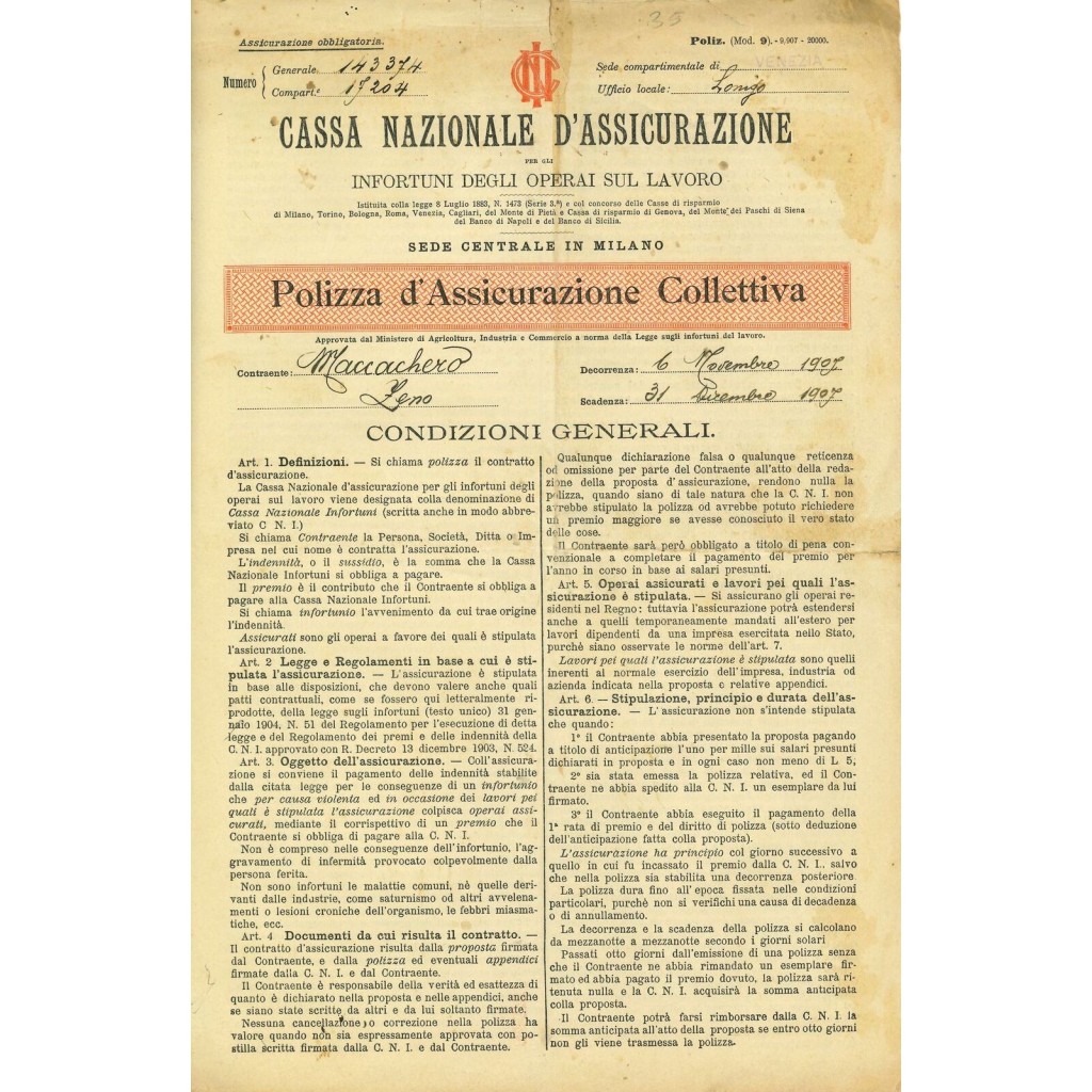 1907 - CASSA NAZIONALE D'ASSICURAZIONE -...