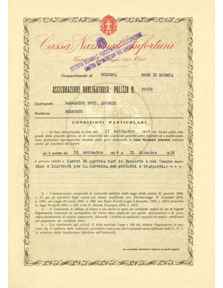 1934 - CASSA NAZIONALE INFORTUNI - INFORTUNI - MODENA