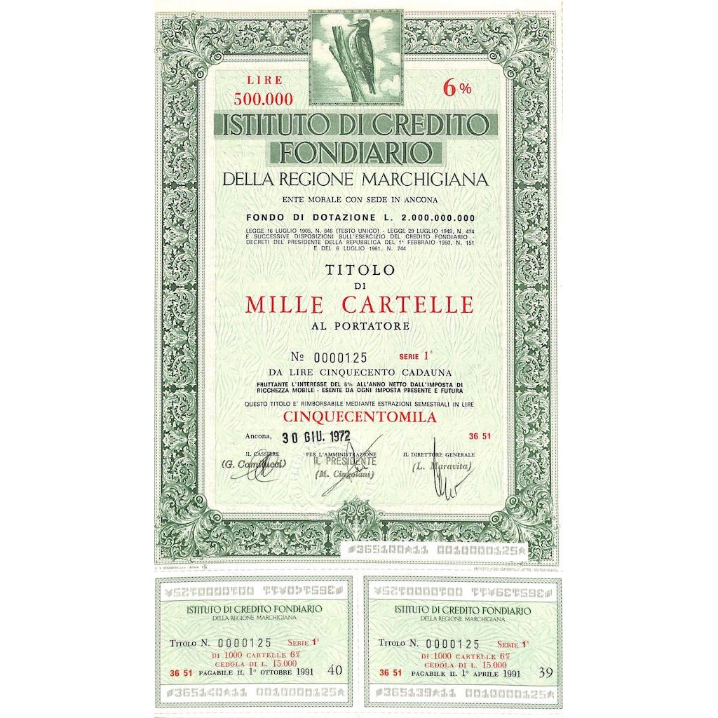 ISTIT. DI CREDITO FOND. DELLA REG. MARCHIGIANA 1000 CARTELLE. 6% 1972