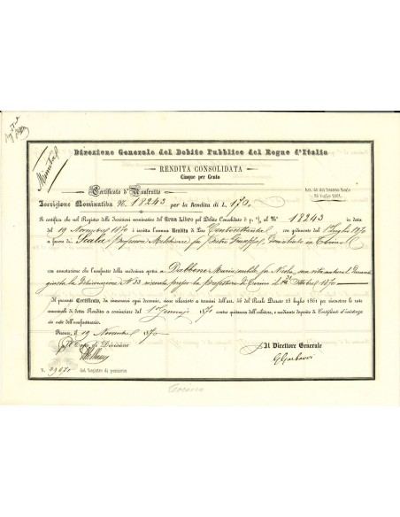 1870 - CERTIFICATO D'USUFRUTTO - RENDITA CONSOLIDATA 5% - TORINO