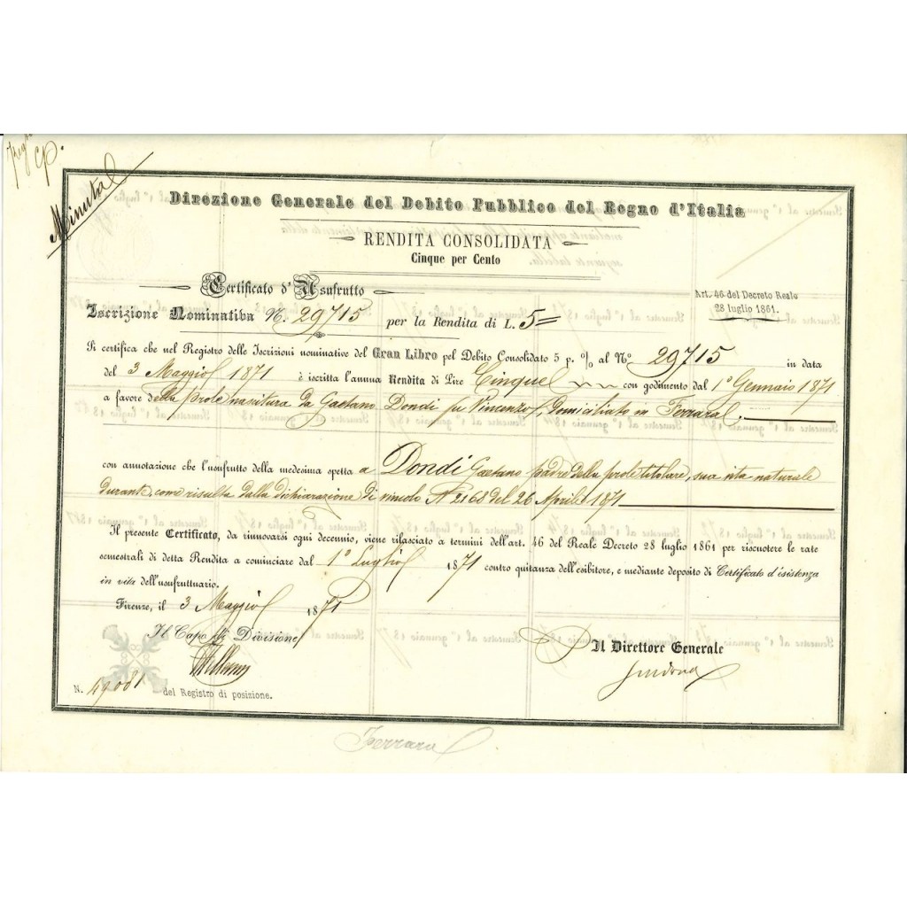 1871 - CERTIFICATO D'USUFRUTTO - RENDITA...