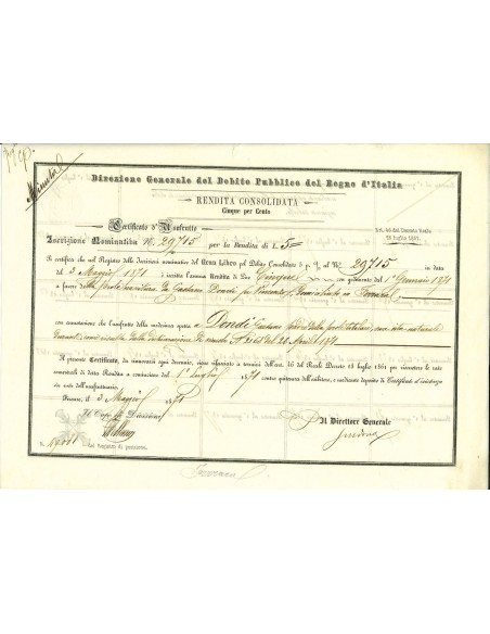 1871 - CERTIFICATO D'USUFRUTTO - RENDITA CONSOLIDATA 5% - FERRARA