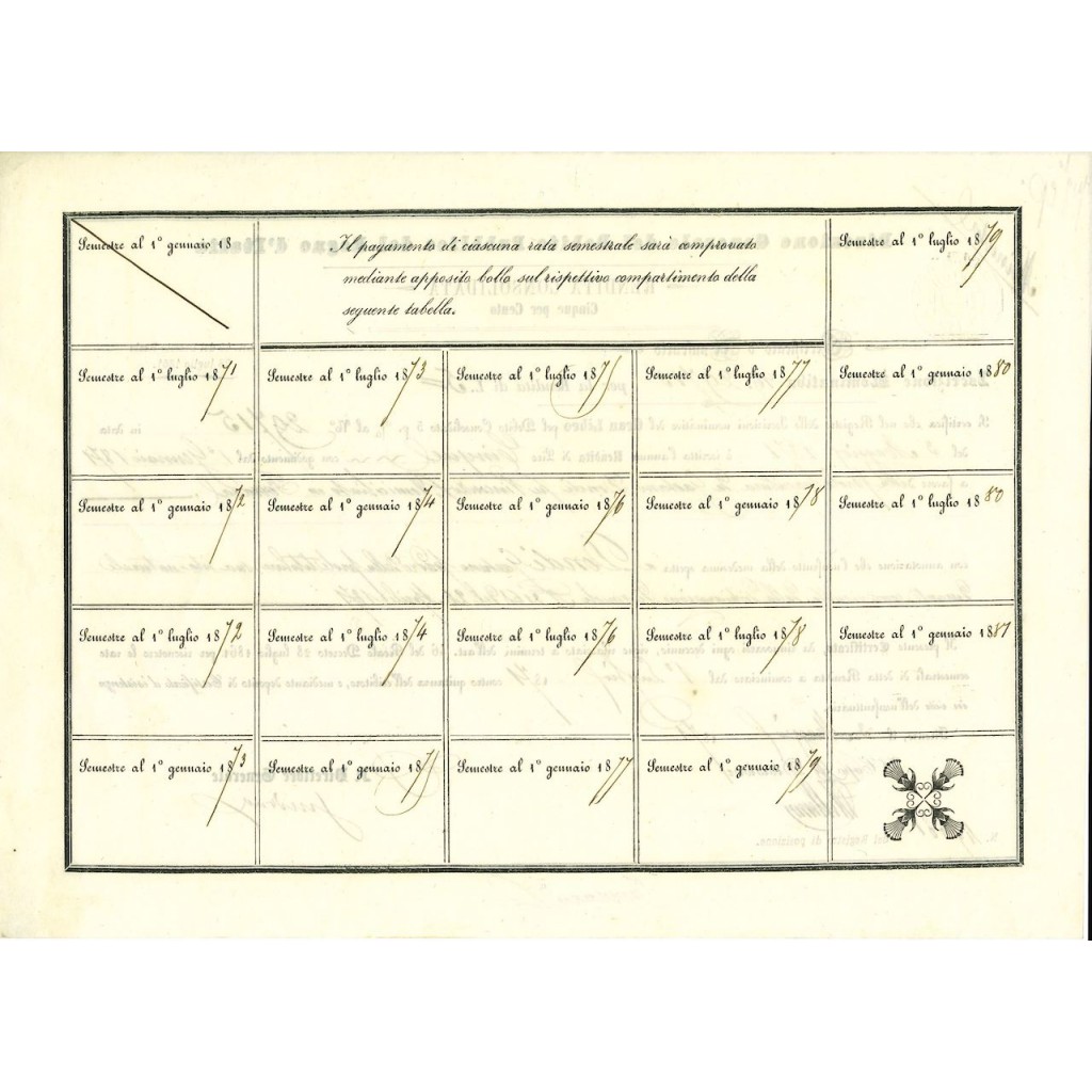 1871 - CERTIFICATO D'USUFRUTTO - RENDITA...