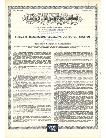 1960 - UNIONE SUBALPINA DI ASSICURAZIONI - INFORTUNI - TORINO
