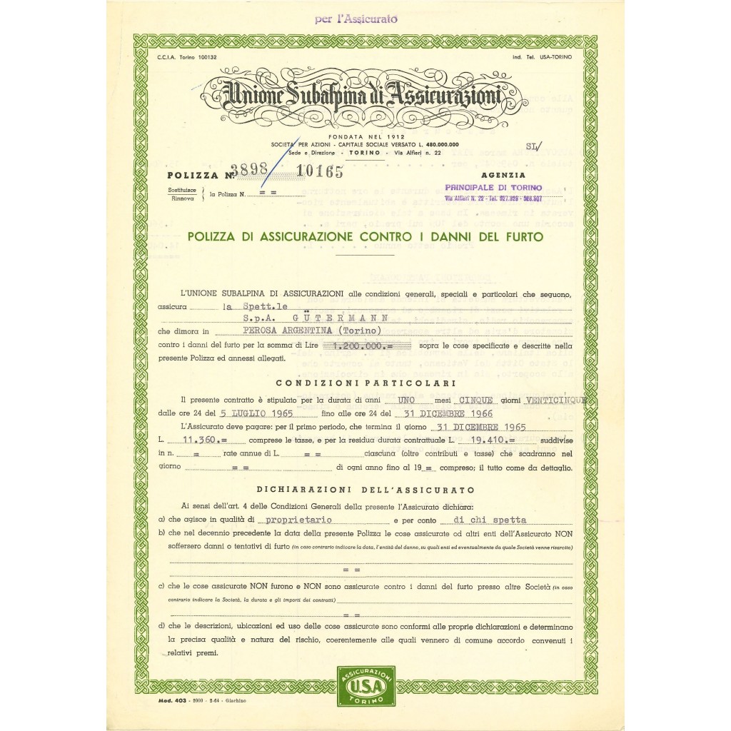 1965 - UNIONE SUBALPINA DI ASSICURAZIONI -...