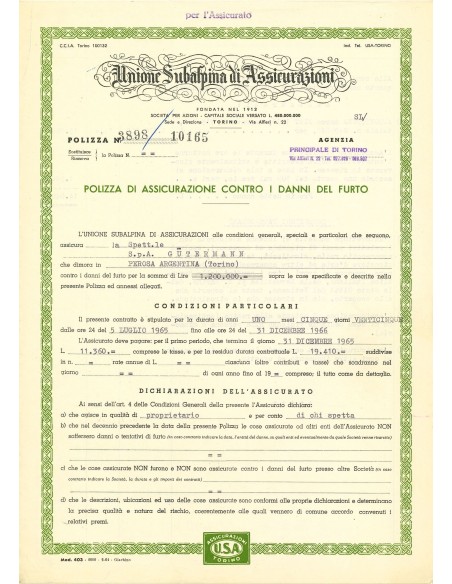 1965 - UNIONE SUBALPINA DI ASSICURAZIONI - FURTO - TORINO