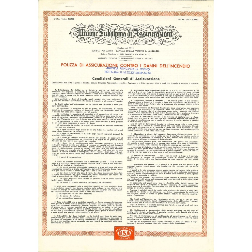 1960 - UNIONE SUBALPINA DI ASSICURAZIONI -...