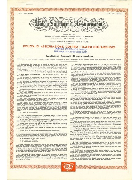 1960 - UNIONE SUBALPINA DI ASSICURAZIONI - INCENDIO - TORINO