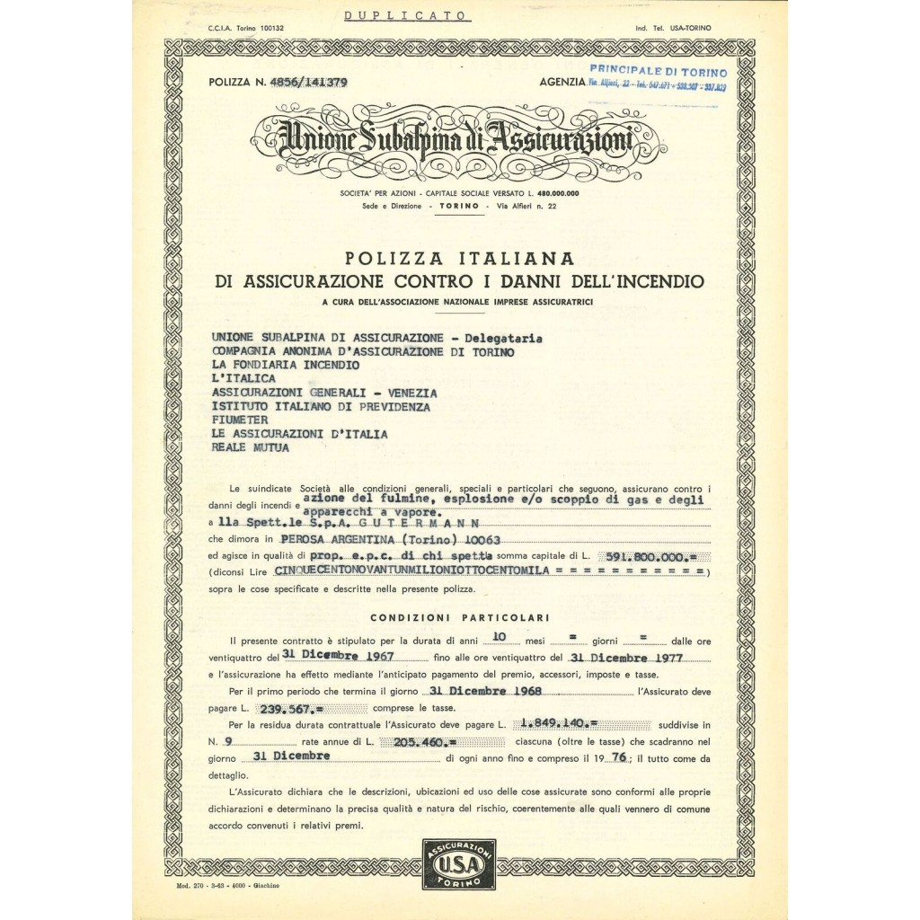 1967 - UNIONE SUBALPINA DI ASSICURAZIONI -...