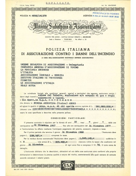 1967 - UNIONE SUBALPINA DI ASSICURAZIONI - INCENDIO - TORINO