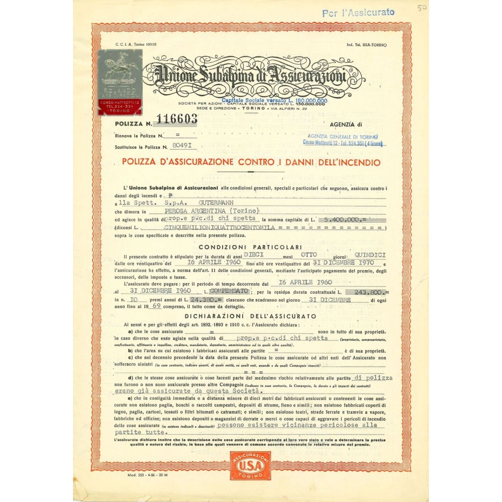 1960 - UNIONE SUBALPINA DI ASSICURAZIONI -...
