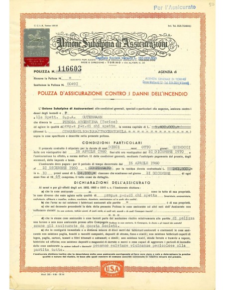 1960 - UNIONE SUBALPINA DI ASSICURAZIONI - INCENDIO - TORINO