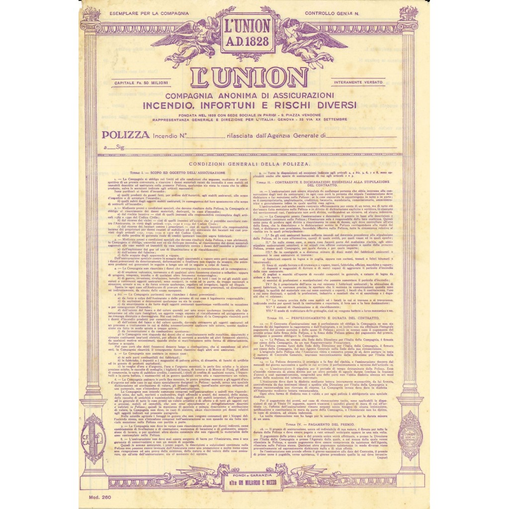 1960 - L' UNION - INCENDIO, INFORTUNI E RISCHI...