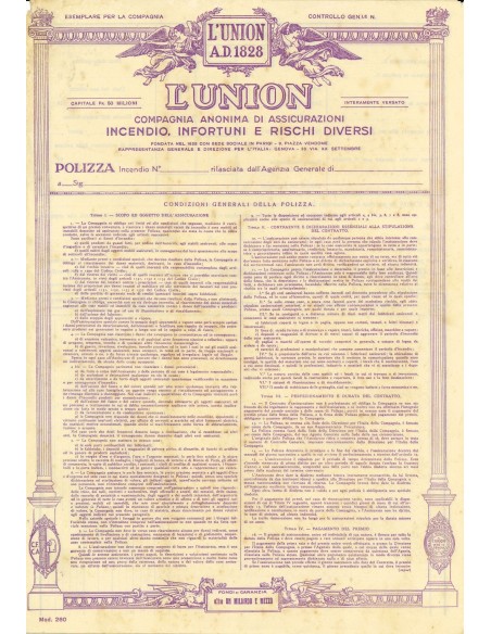 1960 - L' UNION - INCENDIO, INFORTUNI E RISCHI DIVERSI