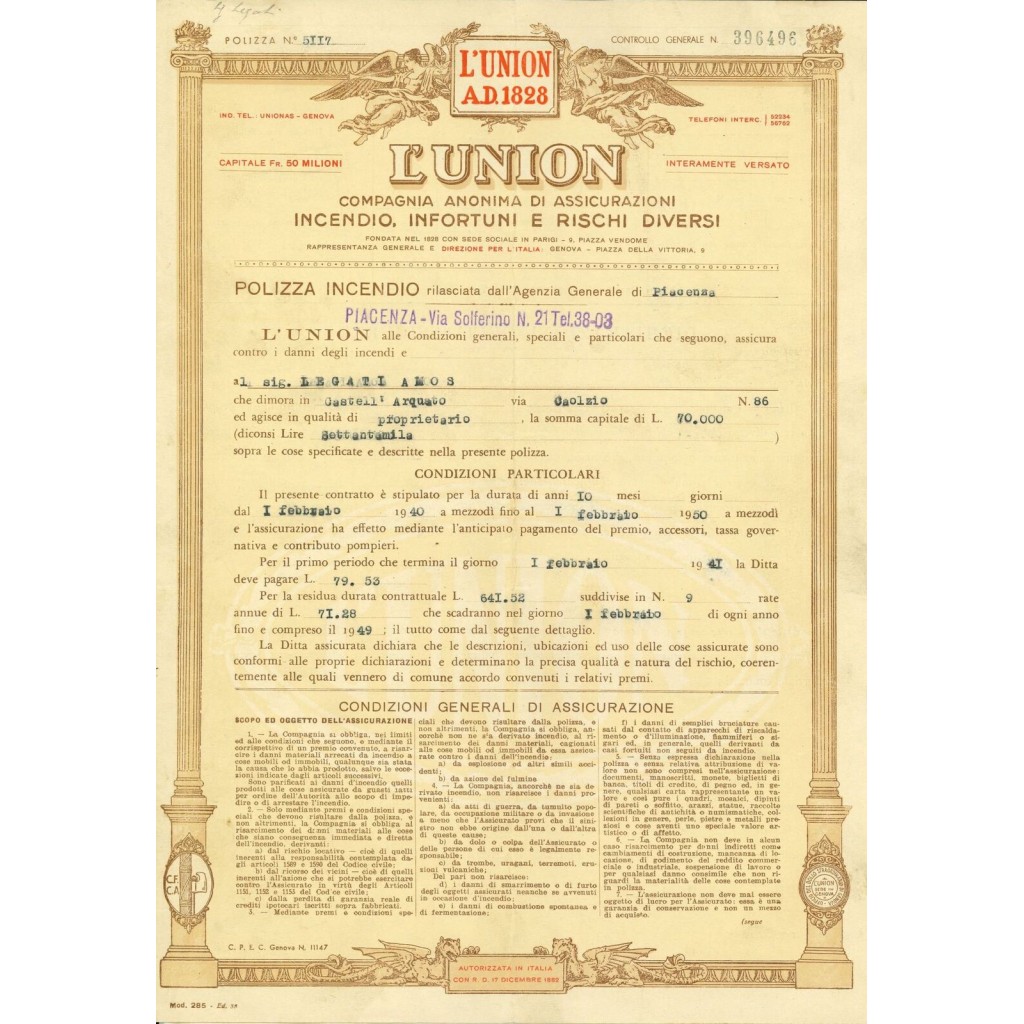 1940 - L' UNION - INCENDIO - PIACENZA