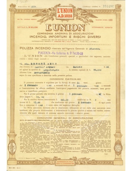 1940 - L' UNION - INCENDIO - PIACENZA