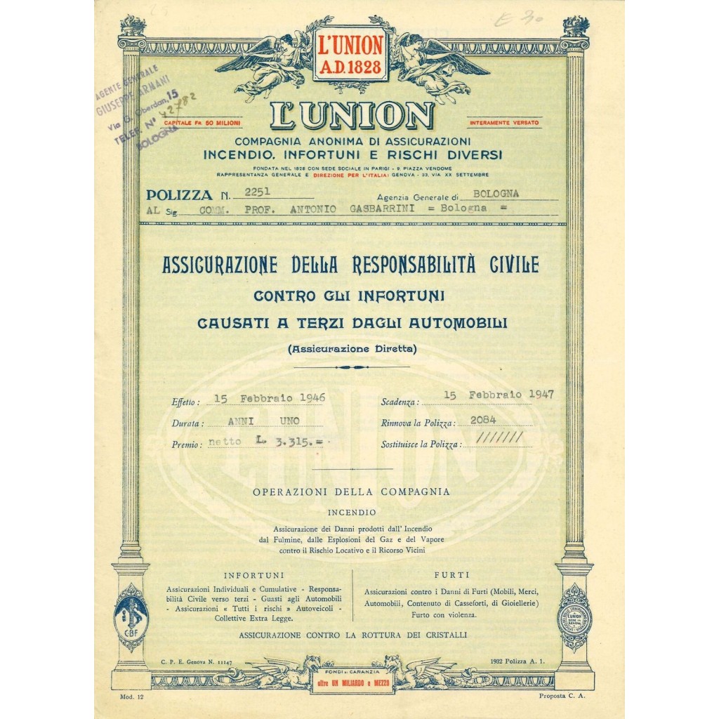 1946 - L' UNION - RESPONSABILITA' CIVILE - BOLOGNA