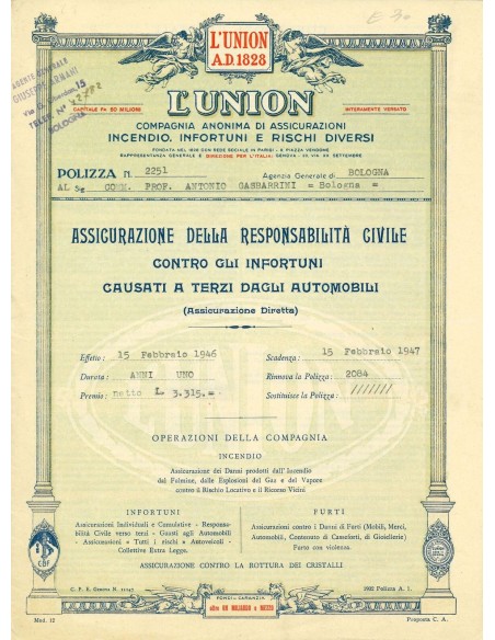 1946 - L' UNION - RESPONSABILITA' CIVILE - BOLOGNA